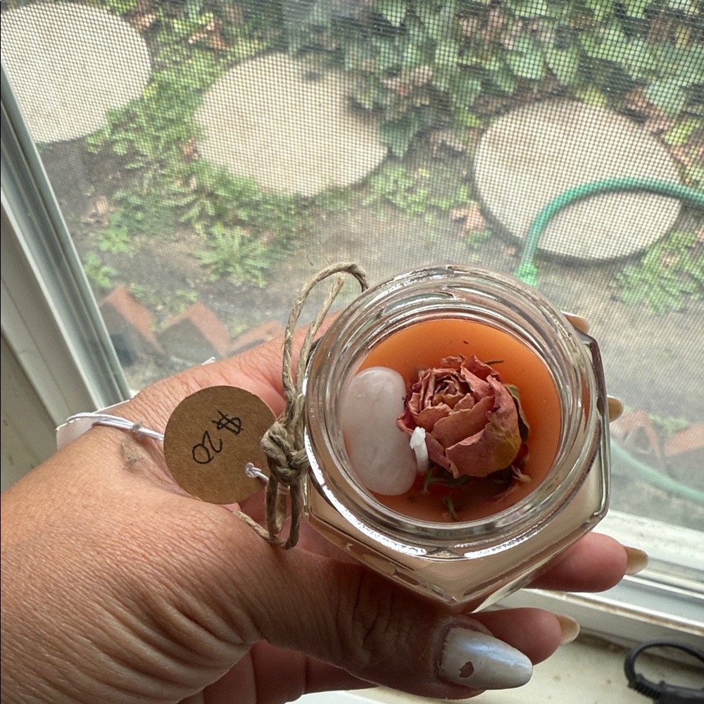 Handcrafted Rose and Rose Quartz Stone Candle